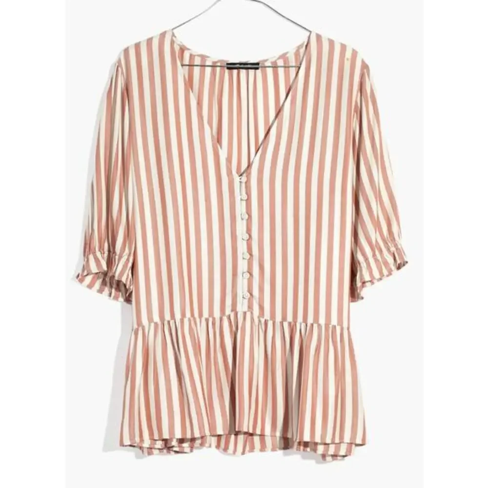 Madewell  White‎ Striped Button Front Peplum Top Puff Sleeve V-Neck NWT XS